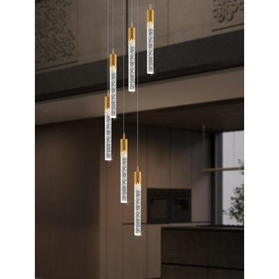 Lustre à bulles moderne en cristal avec télécommande - Luminaire suspendu à intensité variable 6 lumières pour plafond haut, salle à manger, finition luxueuse, température de couleur réglable