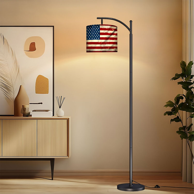 Lampe sur pied à arc avec abat-jour ajustable Drapeau américain à rayures rétro avec étoiles et surface patinée