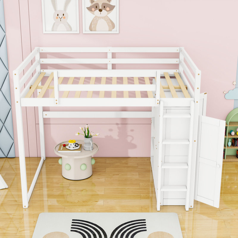 Full Size Wooden Loft Bed With Wardrobe, Multi-Layer Storage Shelves And LED Lighting, White