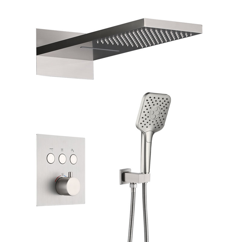 Système de douche thermostatique avec valve brute et pomme de douche rectangulaire à double fonction, Nickel brossé