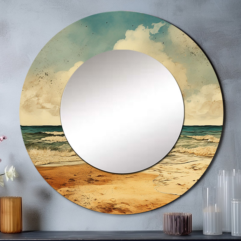 Vintage Beach Side Scenery II - miroir décoratif sable de plage, miroir mural rond beige, impression d'art en métal