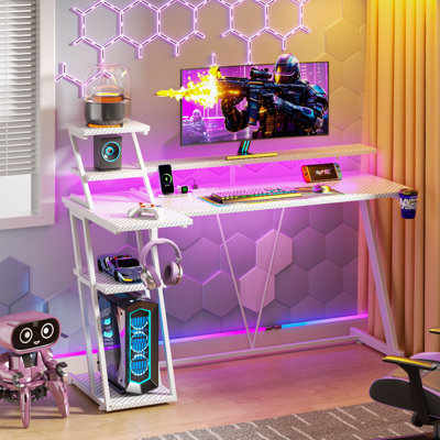 Gaming Desk With Monitor Stand & Cpu Stand,Computer Desk With Power Outlet & RGB LED Lights,Home Office Desk With Cup Holder & Headphone Hook