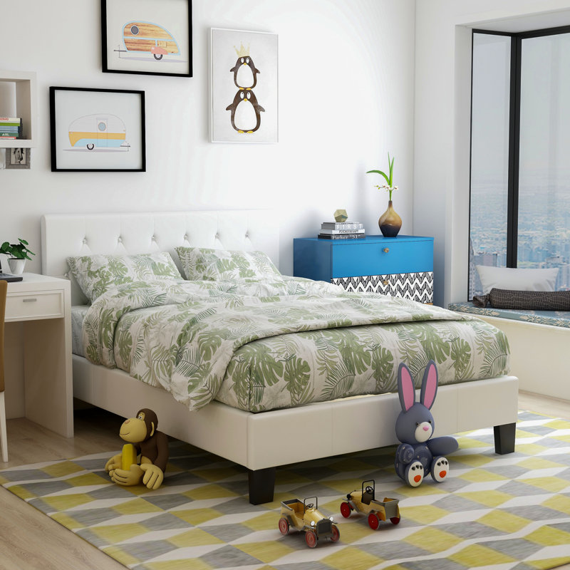 Devis Vegan Leather Platform Bed, Full, White
