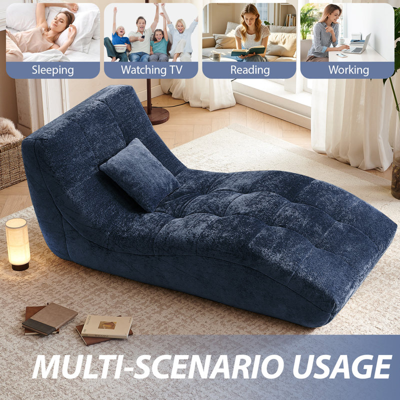 Chaise Lounge Chair, Modern Upholstered Recliner Sofa, With Curved Back, Navy Blue