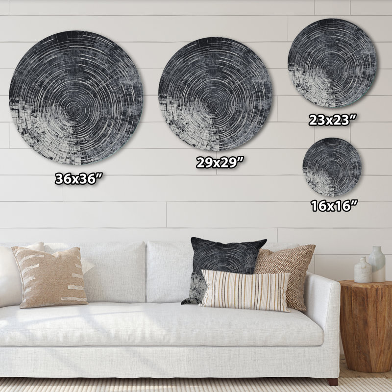 «Celestial Balance Wood Slide», art mural rond éclectique moderne, art mural contemporain en métal rond, H 36 po x l 36 po