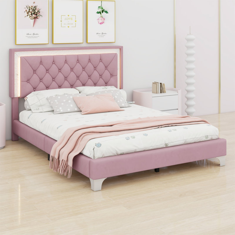 Structure de lit tapissier avec lumières DEL, lit plateforme moderne avec tête de lit capitonnée, Rose