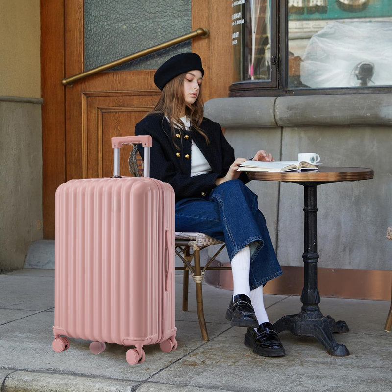 20 po / 24 po / 28 po 3 pièces / ensemble en valise à roulettes ABS, valise de transport, avec porte-gobelet et port USB et support pour téléphone (rose)
