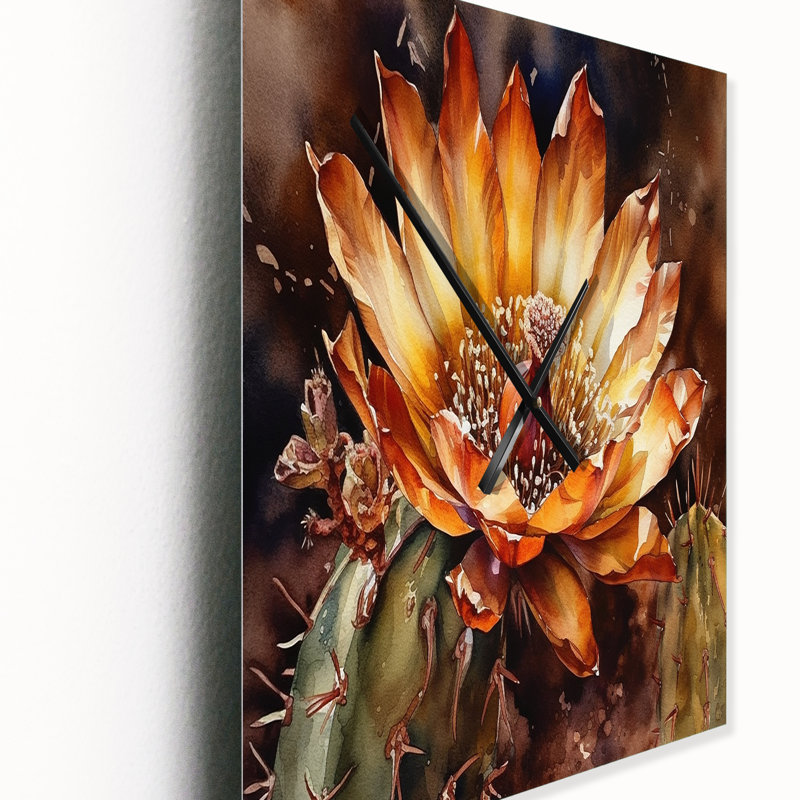 Horloge murale orange et verte Cactus Flower II - Floral Cactus, H 40 po x l 30 po x P 1 po