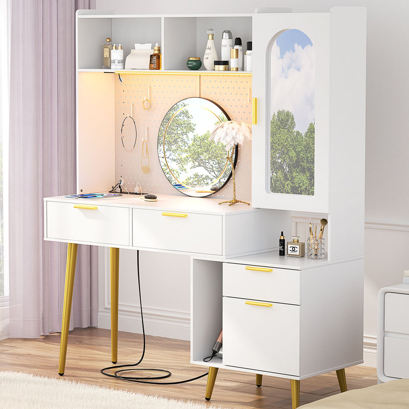 Coiffeuse Jozlin avec miroir Mirrior, Blanc
