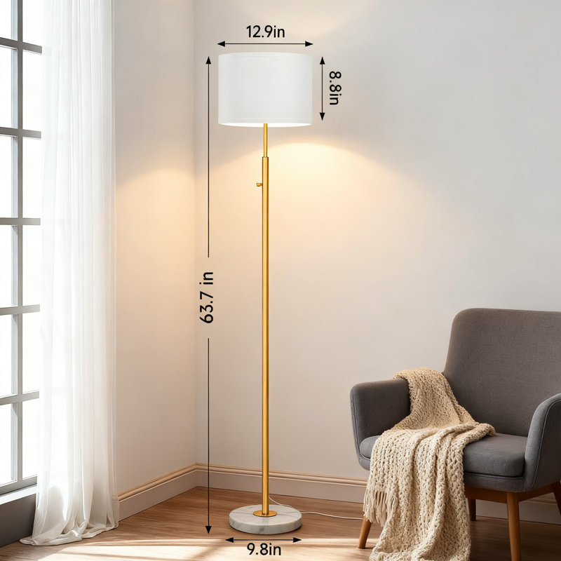 Lampe sur pied à intensité variable de 63,7 po avec base en marbre blanc et abat-jour en lin, lampe sur pied moderne avec mât doré pour le salon, le bureau et la chambre à coucher, comprend une ampoule DEL de 9 W