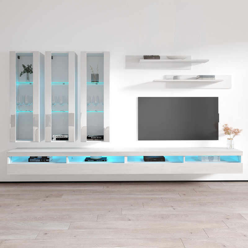 Meuble audio-vidéo mural flottant de 126 po avec éclairage à DEL 16 couleurs, finition ultrabrillante, Blanc