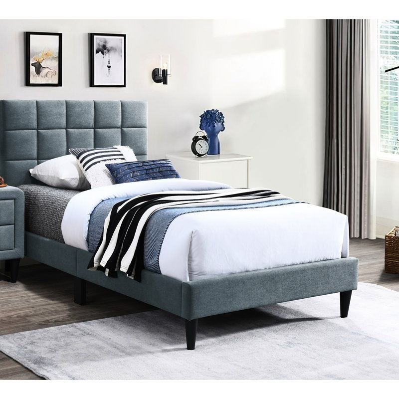 Lit double avec tête de lit réglable et sommier central en lin, fini beige gris, pour une ambiance de chambre élégante.