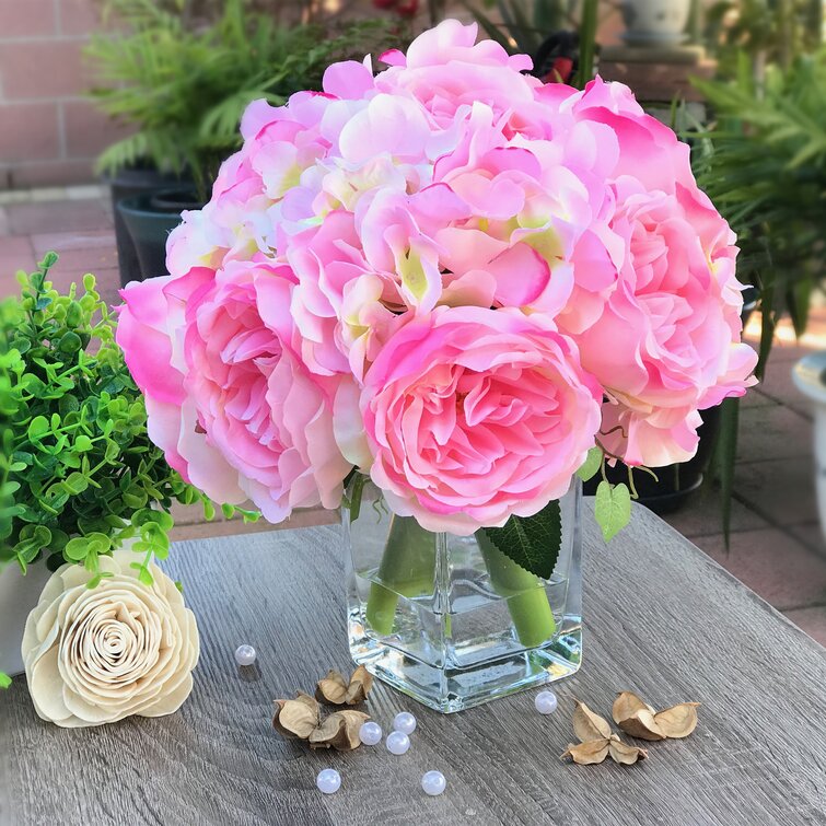 Peony and Hydrangea Floral Arrangement in Vase House of Hampton Flower Color: Pink