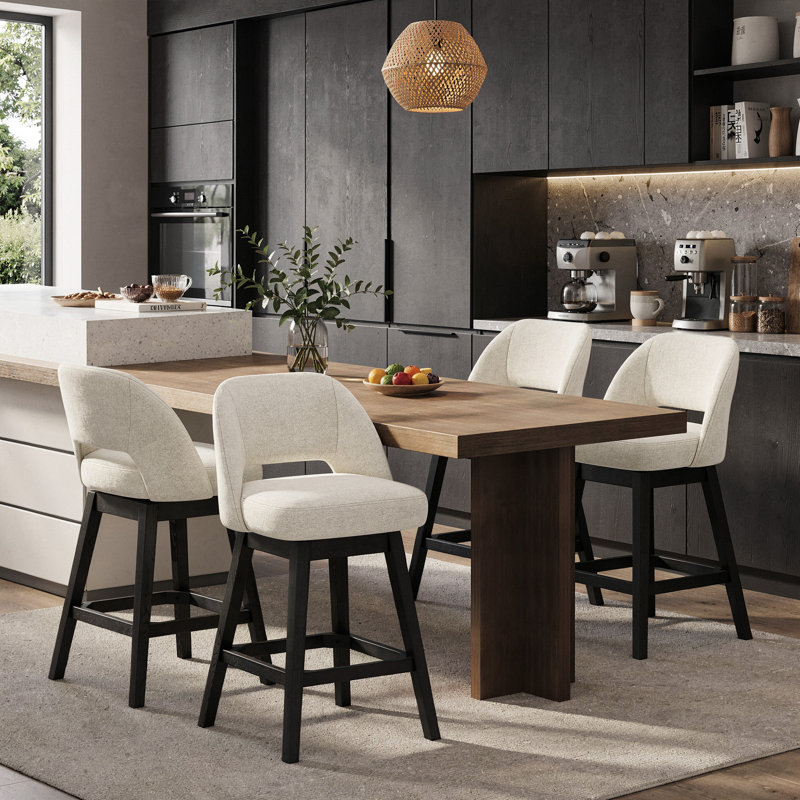 Tabouret de bar pivotant rembourré avec structure en bois massif et dossier incurvé, lot de 4, Beige
