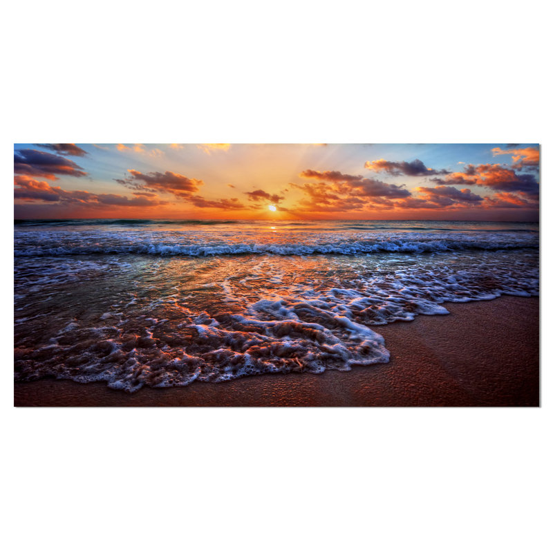 « rugissant sea waves on coucher de soleil », reproduction de photo sur toile tendue, H 16 po x l 32 po