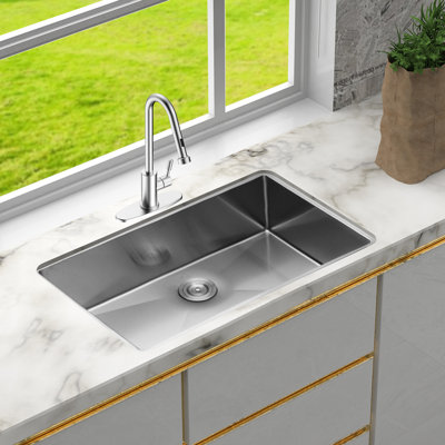 30" X 18" 9" 16 Gauge Stainless Steel Undermount Kitchen Sink Single Bowl, 9 Inch Deep, Drain Assembly, Thick Coating For Condensation, 3Mm Rubber Bowl Sink, - Condensation Coating, Noise Reduction