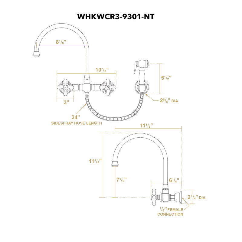 Whitehaus Collection Wall Mount Faucet with Gooseneck Swivel Spout and Solid Brass Side Spray, Polished Nickel, Cross Handles