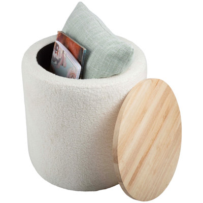Repose-pieds avec rangement - Repose-pieds rembourré en tissu Teddy avec plateau en bois pour le salon, le dortoir ou un appartement - Repose-pieds avec rangement de Lavish Home (crème)