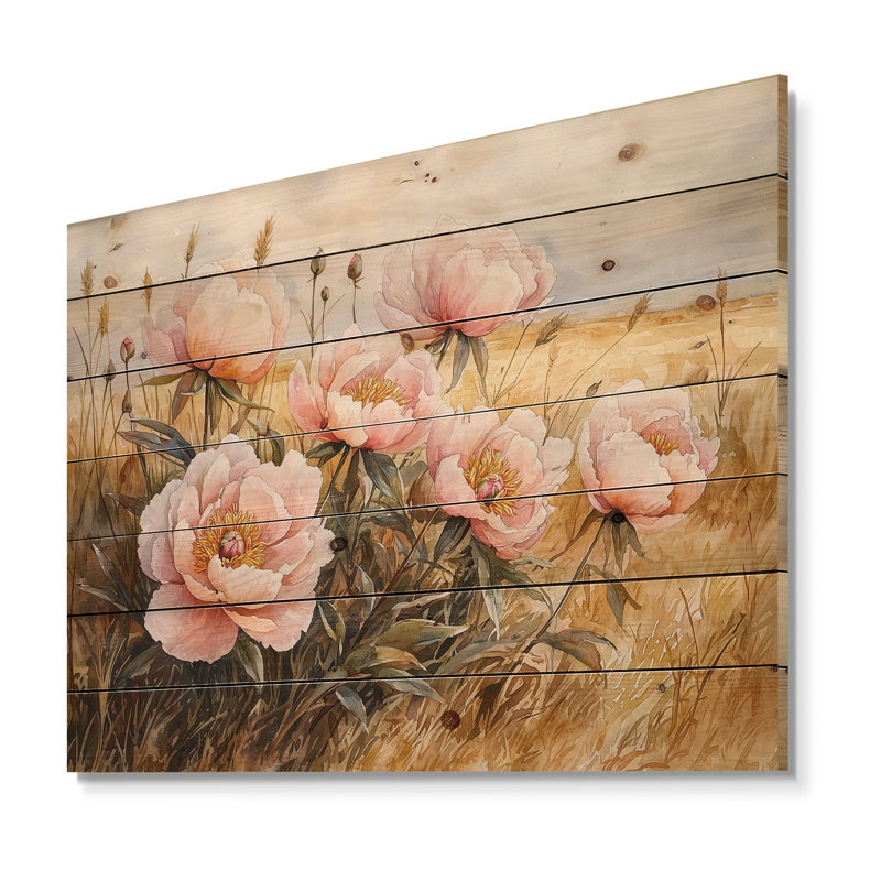 Peonies By The Open Prairie III - Peonies Wood Wall Decor - On Natural Pine Wood, 30" H x 40" W x 0.78" D