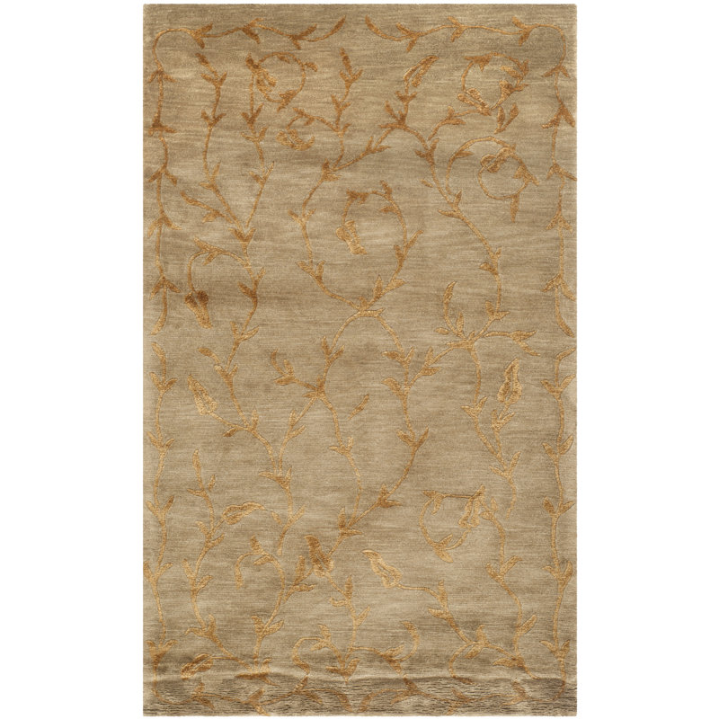 Claussen Floral Hand Knotted Silk/Wool Gold Area Rug, Rectangle 3' x 5'