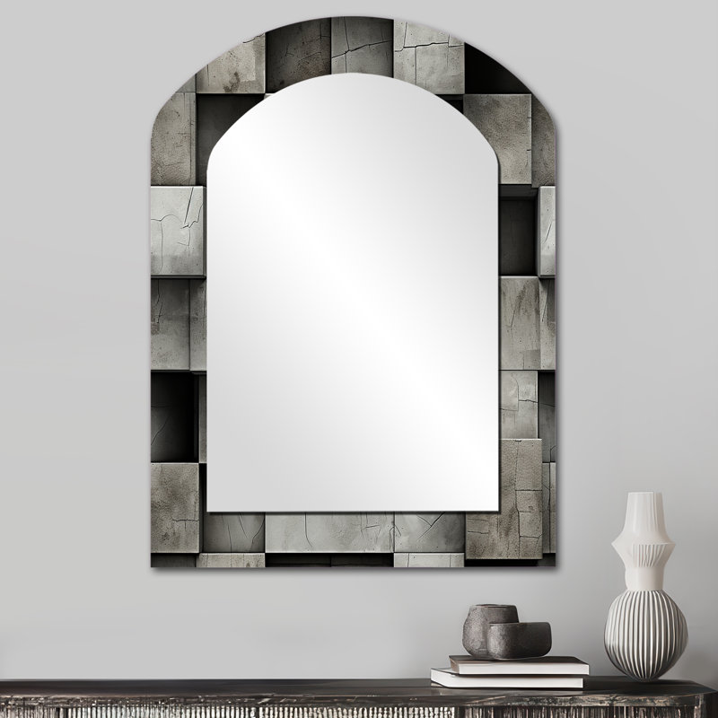 Illusion de mur architectural en béton - miroir unique en forme de brique, grand miroir mural asymétrique gris, impression d'art