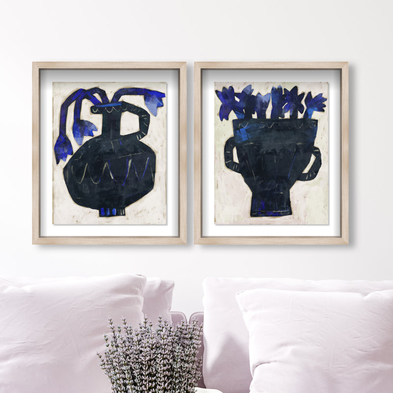 Indigo Vases Set Shadowbox Floral & Botanical Print by Oliver Gal, Black Frame, 16 x 20, 92"H x 74"W, Natural Oak Shadowbox