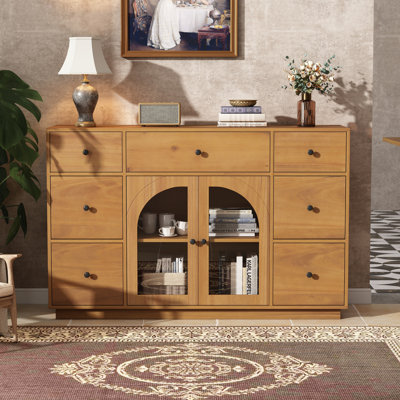 Armoire avec rangement pour l'entrée du salon et de la salle à manger, grande taille, 2 portes et 7 tiroirs, naturel