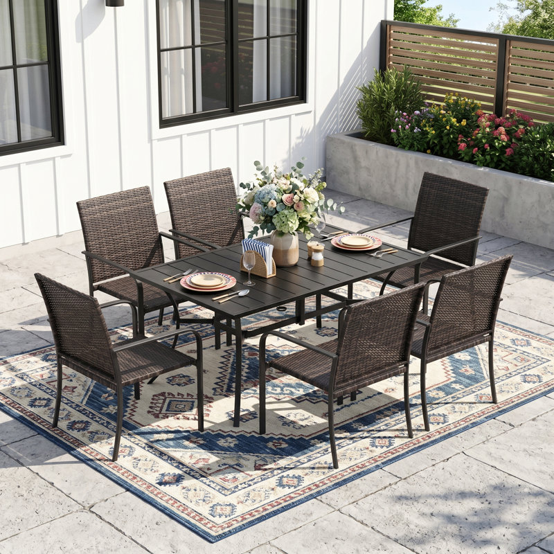 6-Person Rectangular Patio Dining Set With Pe Rattan Chairs