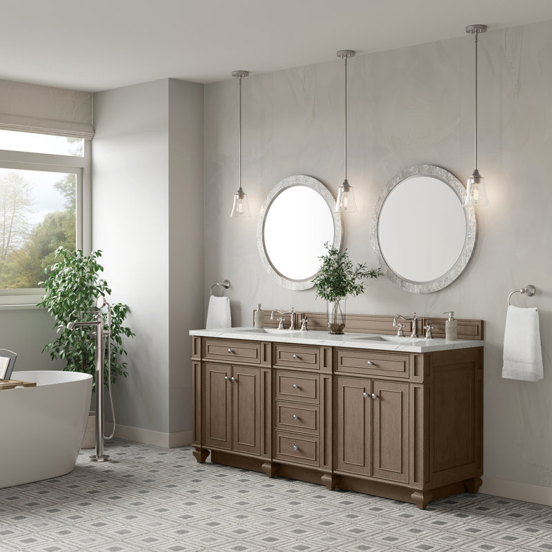 Bristol 72'' W Double Vanity, Whitewashed Walnut, Ethereal Noctis, 8" Widespread