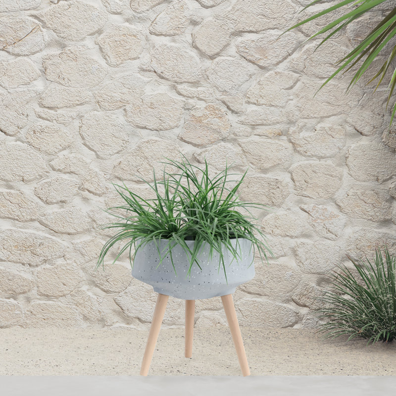 Ensemble de 2 pots à fleurs en terrazzo gris avec pieds en bois et pots de fleurs ronds de 11 et 15 pouces