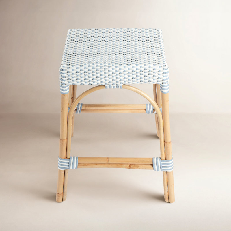 Lennart Counter/Bar Stool, White/Sky Blue Dot / Natural Rattan Frame, Counter Stool (24.5" Seat Height)