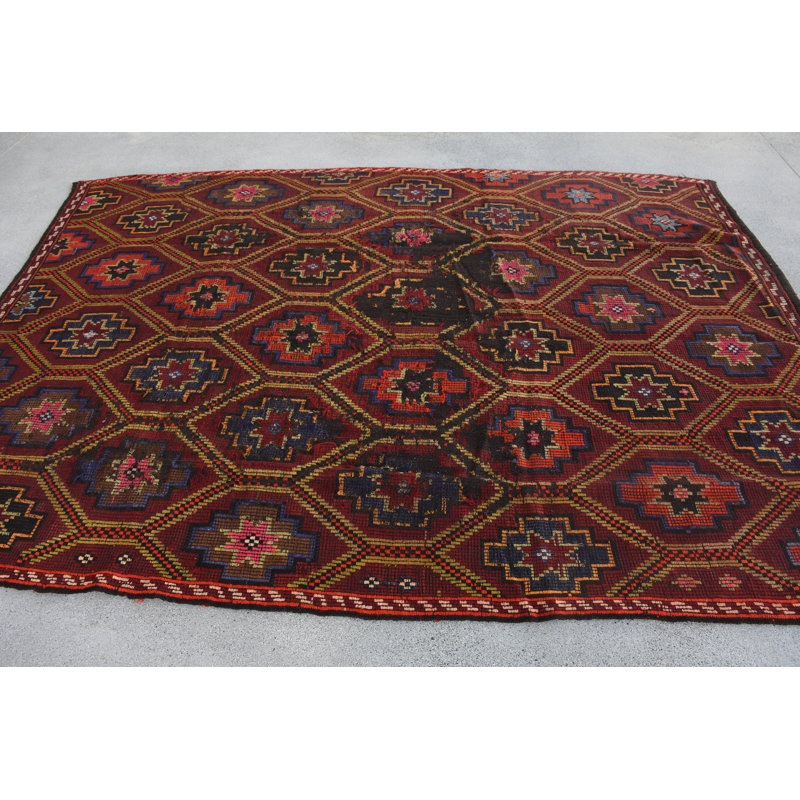 Élégant tapis kilim en laine rouge, motif géométrique 6,5 x 9,2 pi