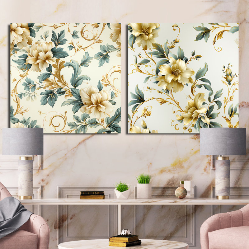 Ensemble de 2 cadres rétro ornementaux à motif victorien IV - Abstract Botanicals Square, H 16 po x l 33 po, Toile tendue