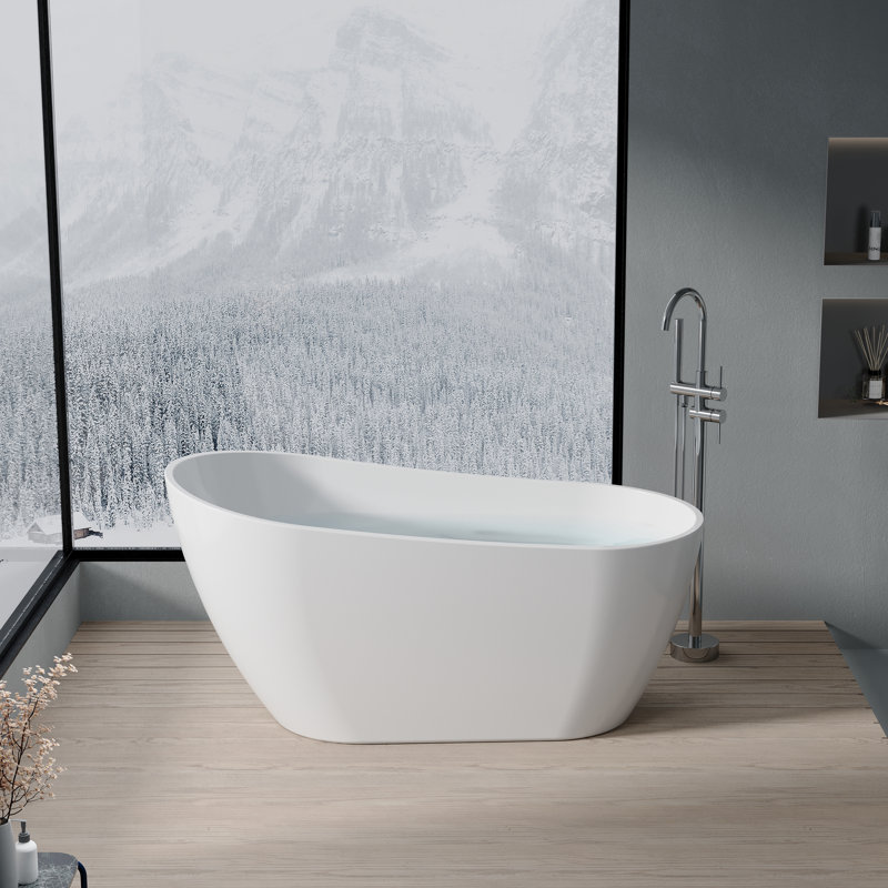 59' W,59 GALLONS Freestanding Acrylic Soaking  Bathtub With Drain And Overflow Holes