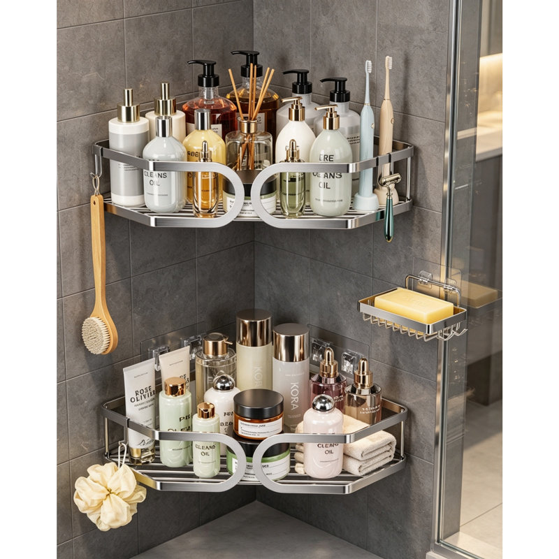 No Drill Corner Shower Caddy 3 Pack with Soap Holder, 304 Stainless Steel Rustproof Adhesive Bathroom Storage Shelves