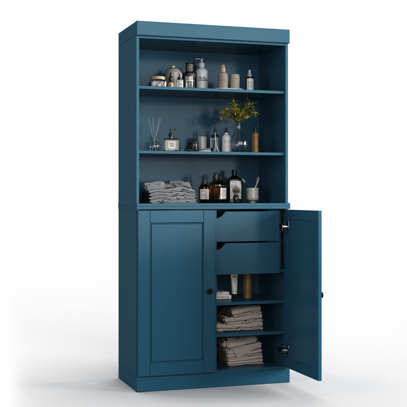 32" 100% Solid Wood Freestanding Bathroom Cabinet with Solid Doors, 2 Drawers & Adjustable Shelves – Modern Bathroom Storage