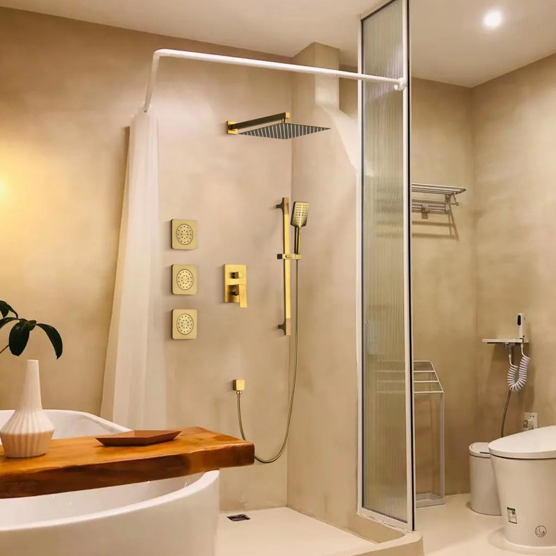 Système de douche à barre coulissante 12 po, ensembles de douche carrés avec pomme de douche à pluie complète avec jets de corps et portables, fixation murale