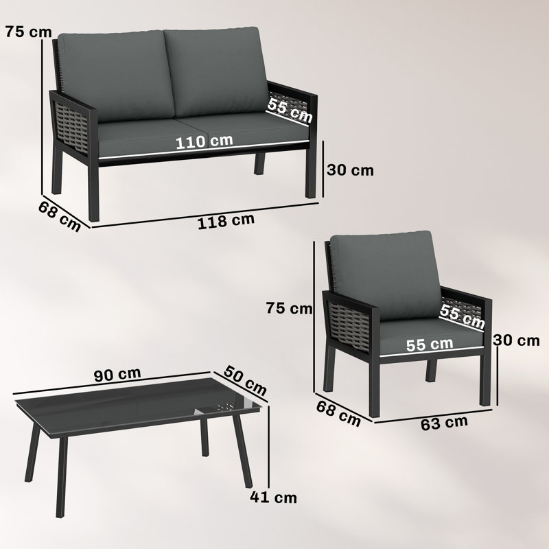 Rattan Sofa Set, Grey Cushion/Dark Grey Frame