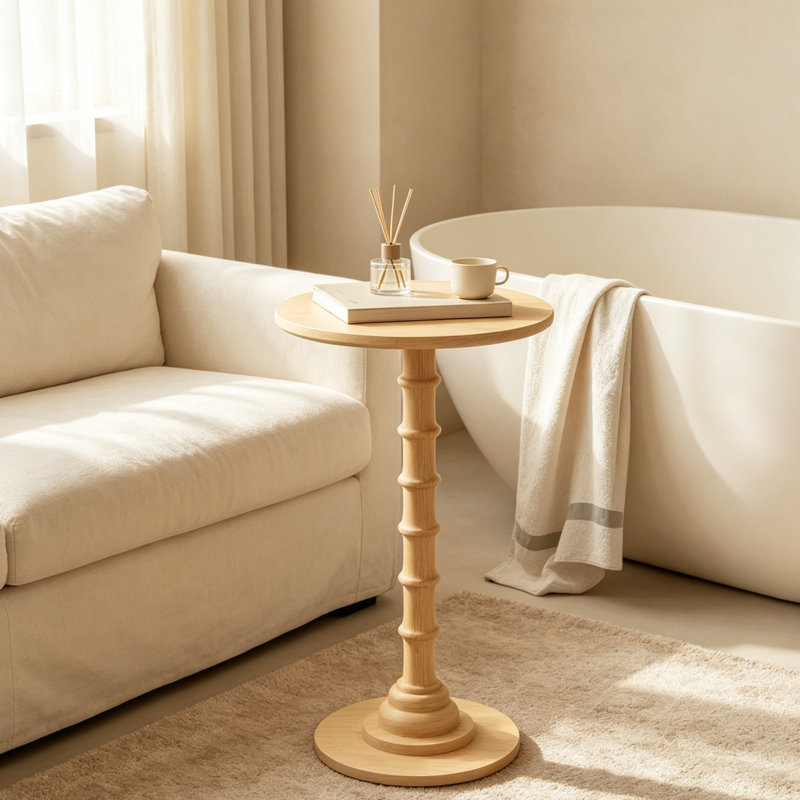 Table d'appoint ronde en bois massif avec pieds tournés, table de chevet d'appoint de style campagne moderne pour le salon et la chambre à coucher - Finition chêne