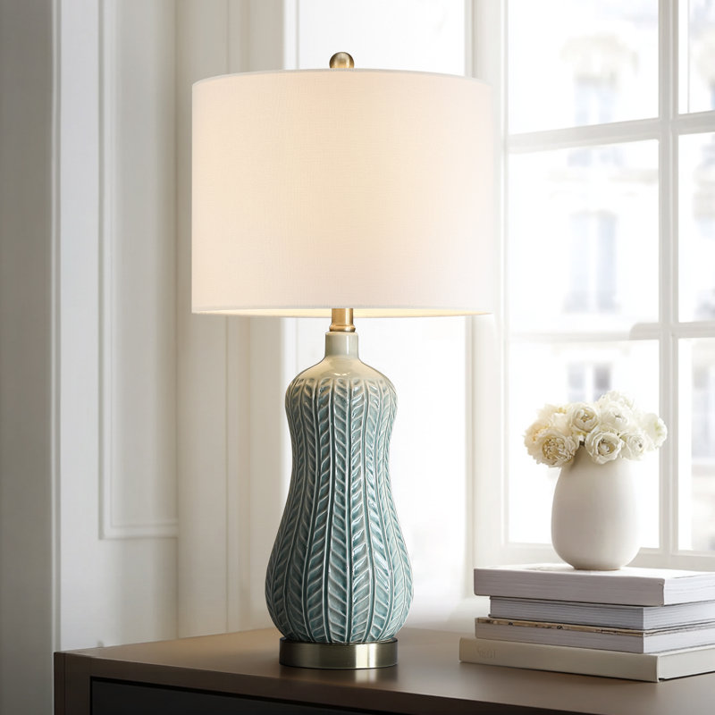 22.5in. Green Ceramic Table Lamp With Drum Shade