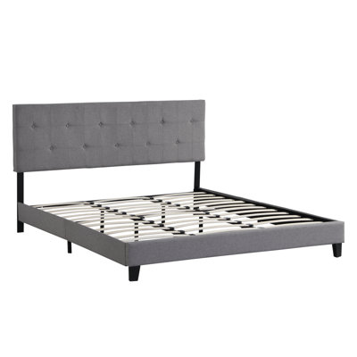 Structure de lit plateforme tapissier avec tête de lit capitonnée en tissu de lin, aucun sommier requis, support à lattes de bois, assemblage facile