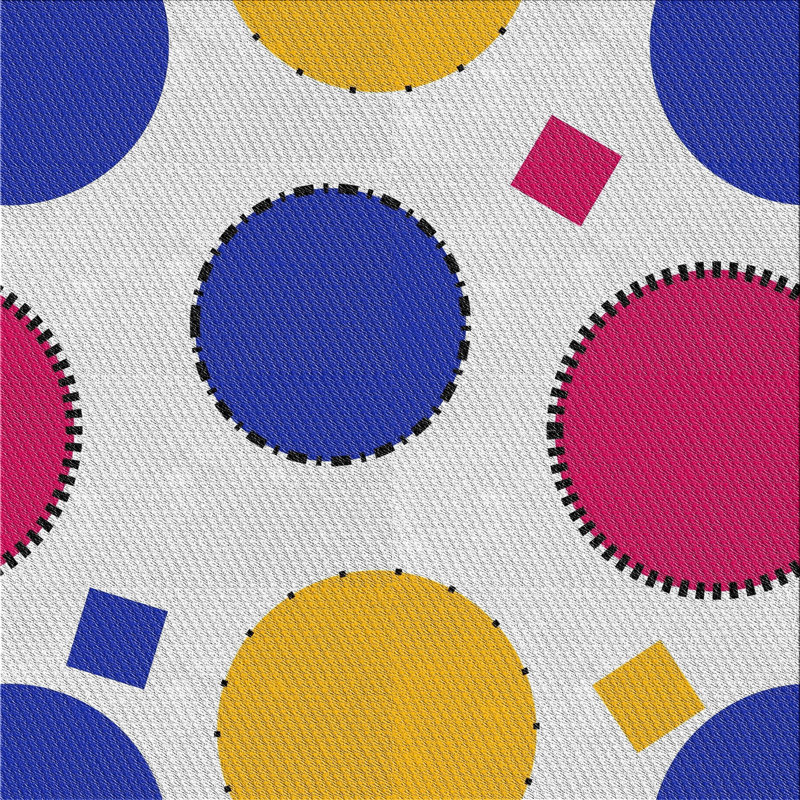 Tapis bleu/rouge/jaune à motifs, Carré 5 pi
