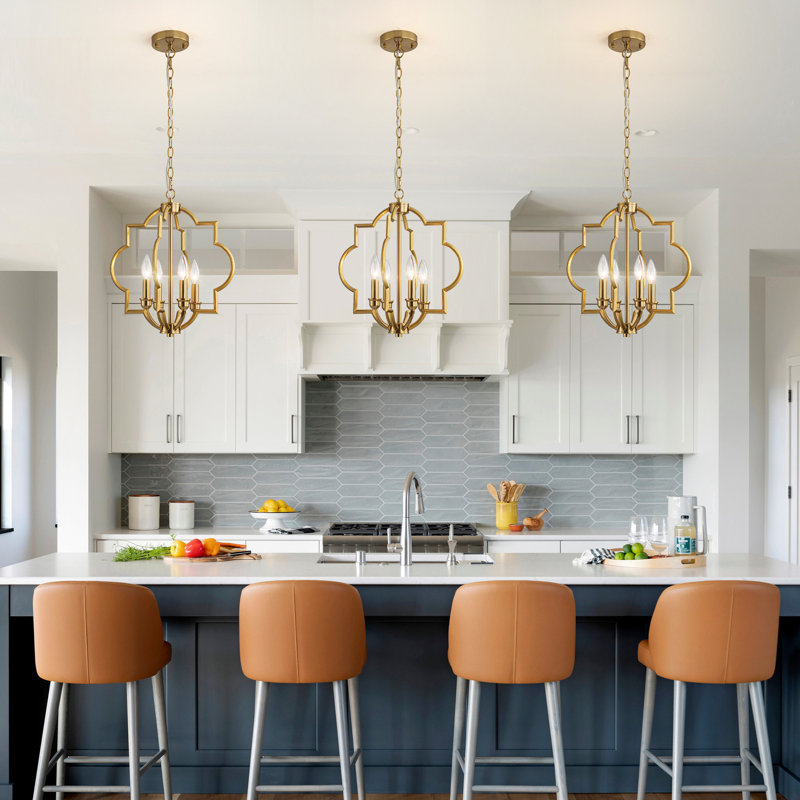 4-Light Brushed Gold Chandeliers for Dining Room, 15.6" Geometric Pendant Light Fixture