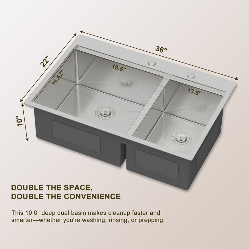 33'' L × 22'' W Drop-In Kitchen Sink, Stainless Steel 60/40 Double Bowl Workstation Sink with Sink Grid, Cutting Board, Colander and Strainer