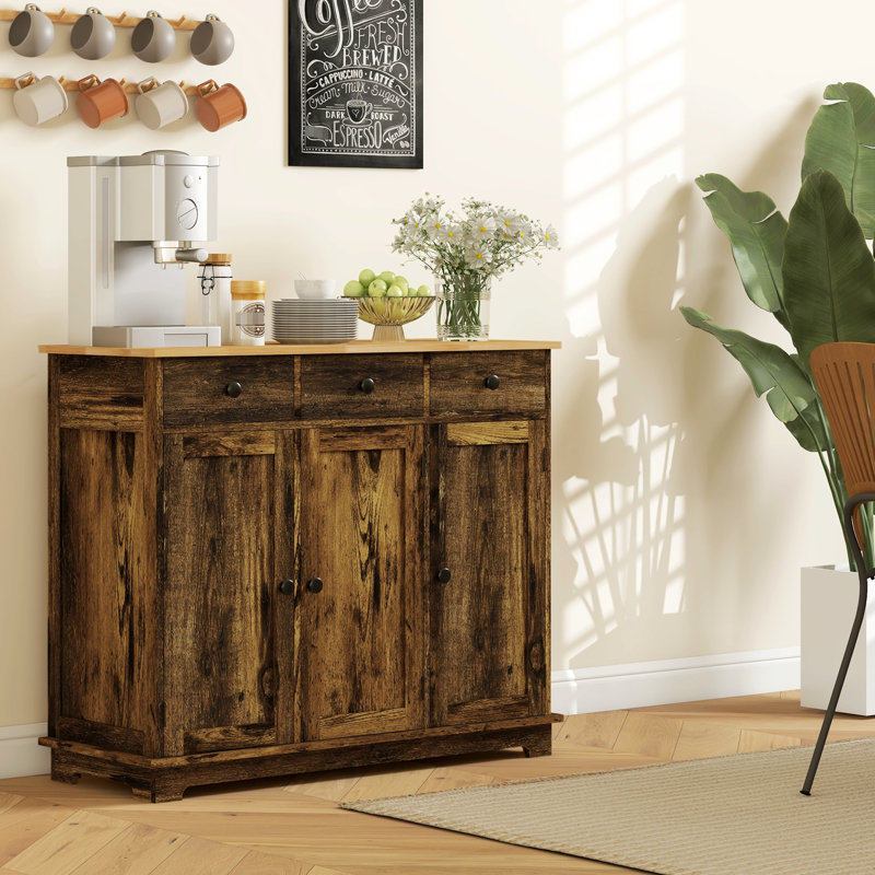 Sideboard Storage Cabinet, Rustic Brown With Solid Wood Countertop And 3 Drawers - Kitchen Cabinet Adjustable Shelves