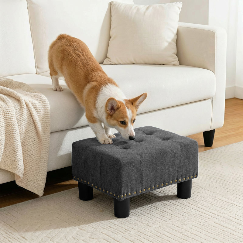 Upholstered Foot Stool Ottoman, Tufted Button Footstool Footrest With Padded Seat For Living Room Bedroom, Dark Gray