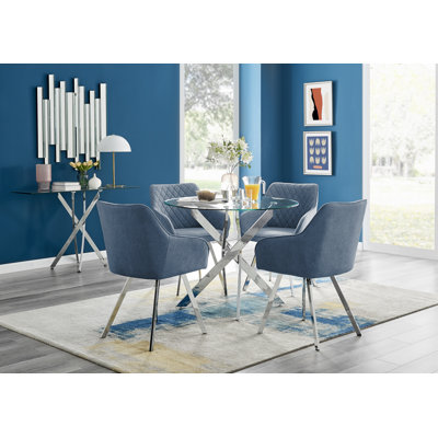Tierra Modern Chrome Metal & Glass Round Dining Table Set with 4 Luxury Upholstered Fabric Chairs