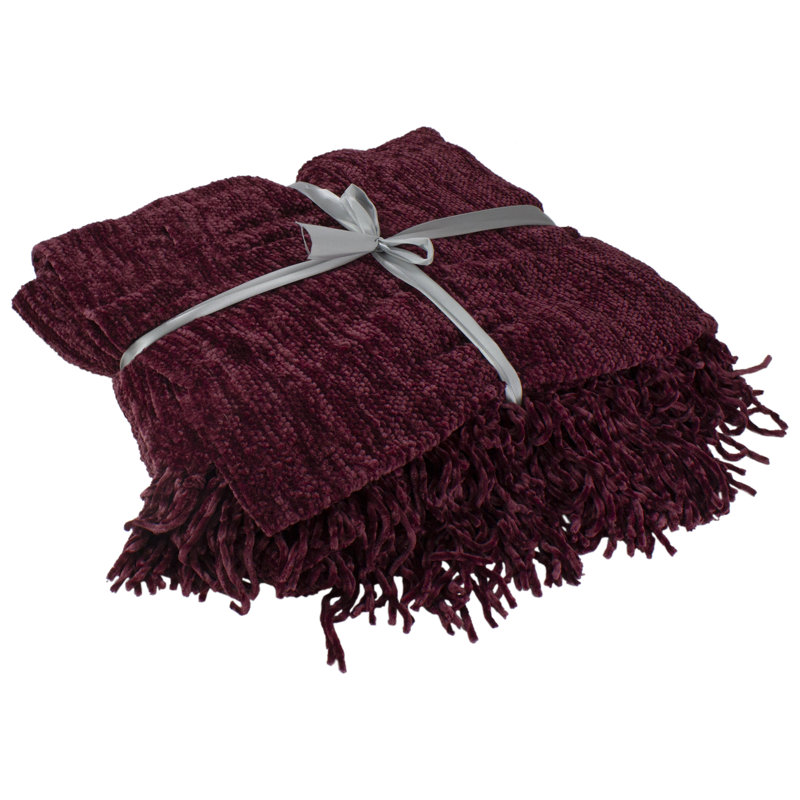 Jeté en chenille pelucheux bourgogne rouge avec frange 50 po x 60 po