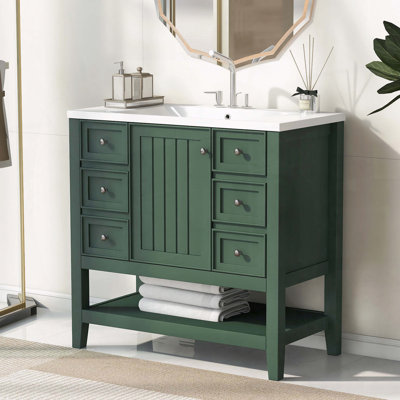 Meuble-lavabo en bois massif 36 po avec lavabo, armoire, trois tiroirs et tablette ouverte 36 po