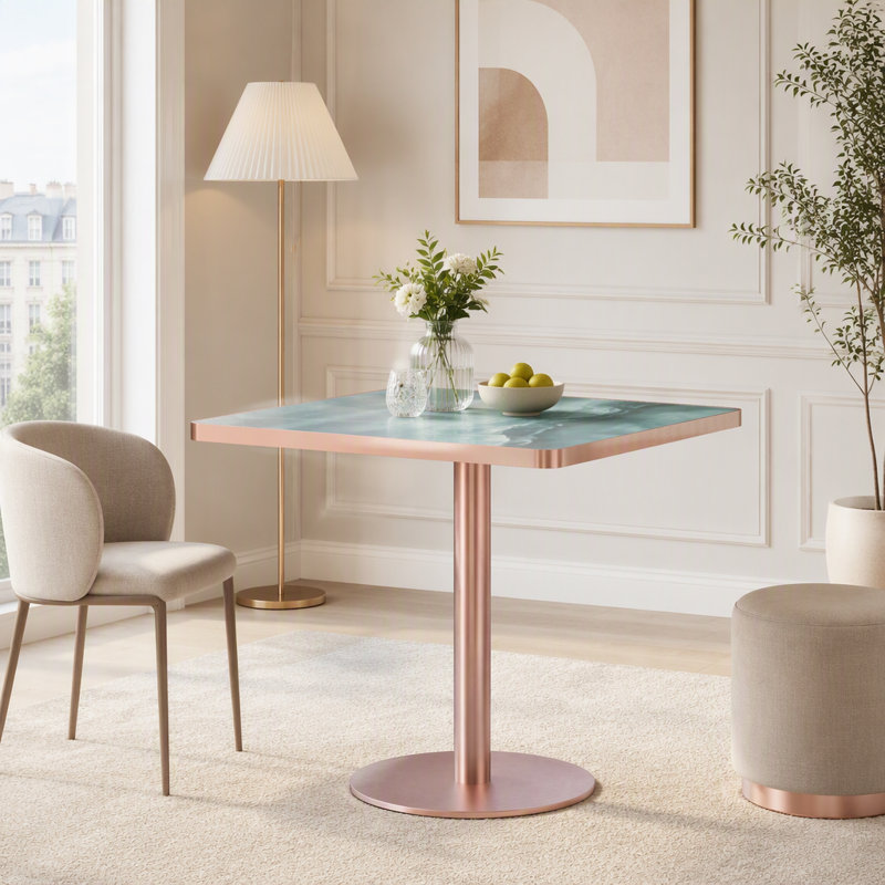 Table de salle à manger carrée tulipe moderne avec plateau en pierre frittée, Vert, or rose, Square + LSY-Sintered Stone